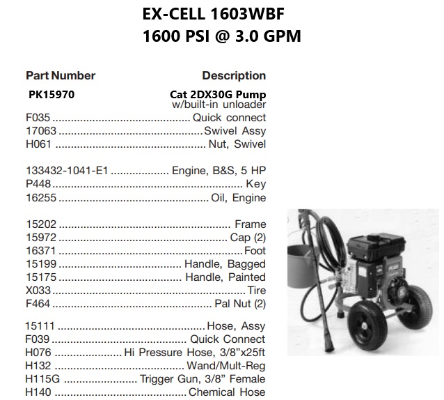 EX-CELL 1603WBF power washer repair parts